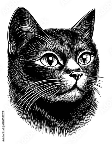 Intricate Black Cat Engraving with Detailed Fur and Expressive Eyes