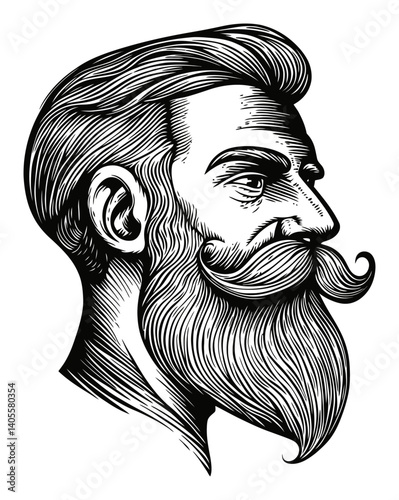Detailed Black and White Engraving of a Male Profile with Beard