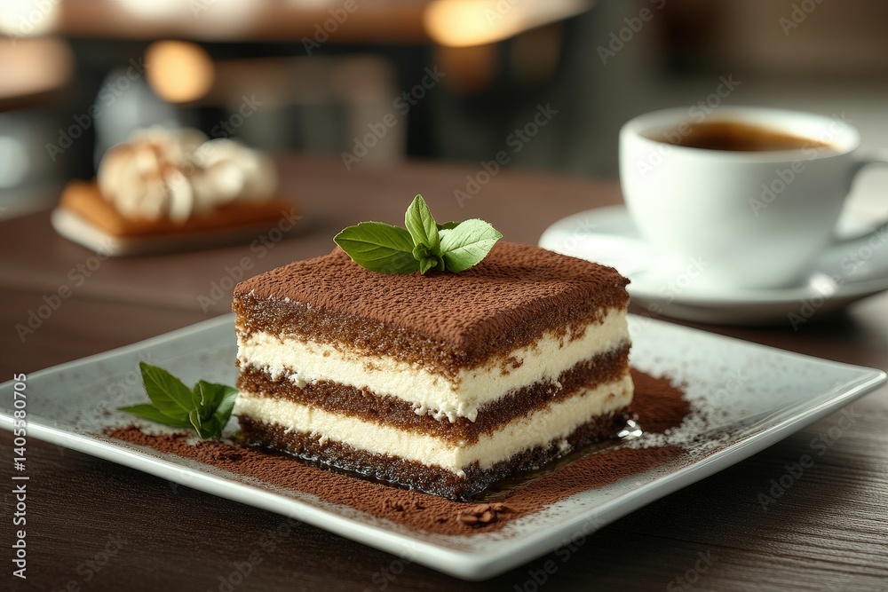 A delightful square tiramisu dessert topped with cocoa powder and fresh mint leaves. A delightful square tiramisu dessert topped with cocoa powder and fresh mint leaves.