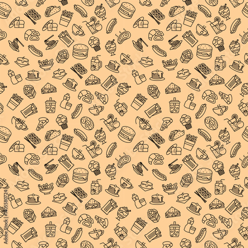Minimal line art pattern of food and drink icons on a soft beige background. Modern and versatile design suitable for food-related wallpaper, packaging, gift wrap, or branding elements.