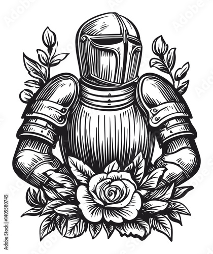 Detailed Engraving of a Medieval Knight Surrounded by Roses