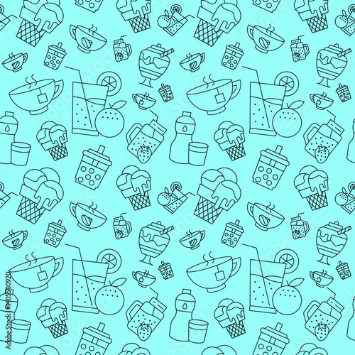 Seamless pattern of sweet drinks and desserts in black outline style over a cyan background. Clean and fun visual style perfect for beverage branding, café wallpaper, or promotional backgrounds.