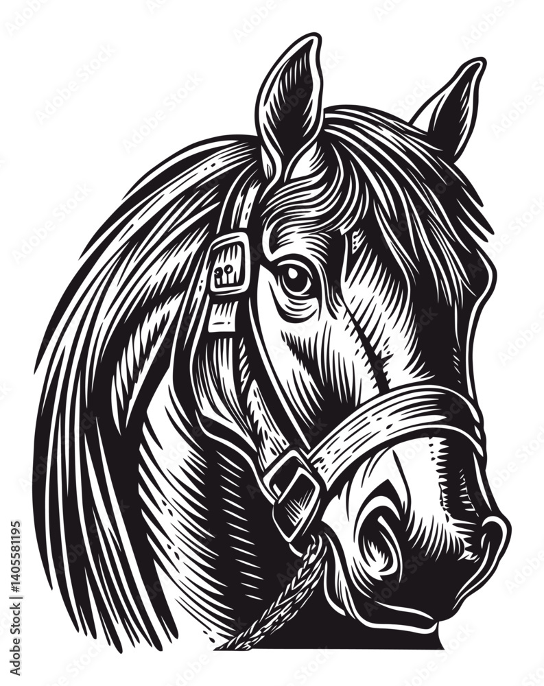 Fototapeta premium Black and White Engraving of a Detailed Horse Head Illustration