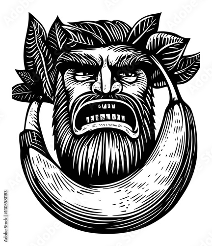 Bold Engraving of a Fierce Man with Leaves and a Curved Object