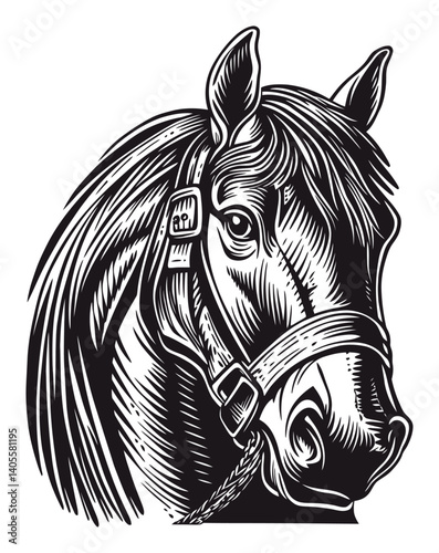 Black and White Engraving of a Detailed Horse Head Illustration