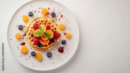 Delicious waffles topped with fresh raspberries, blueberries, mandarin orange slices, and a drizzle of syrup.