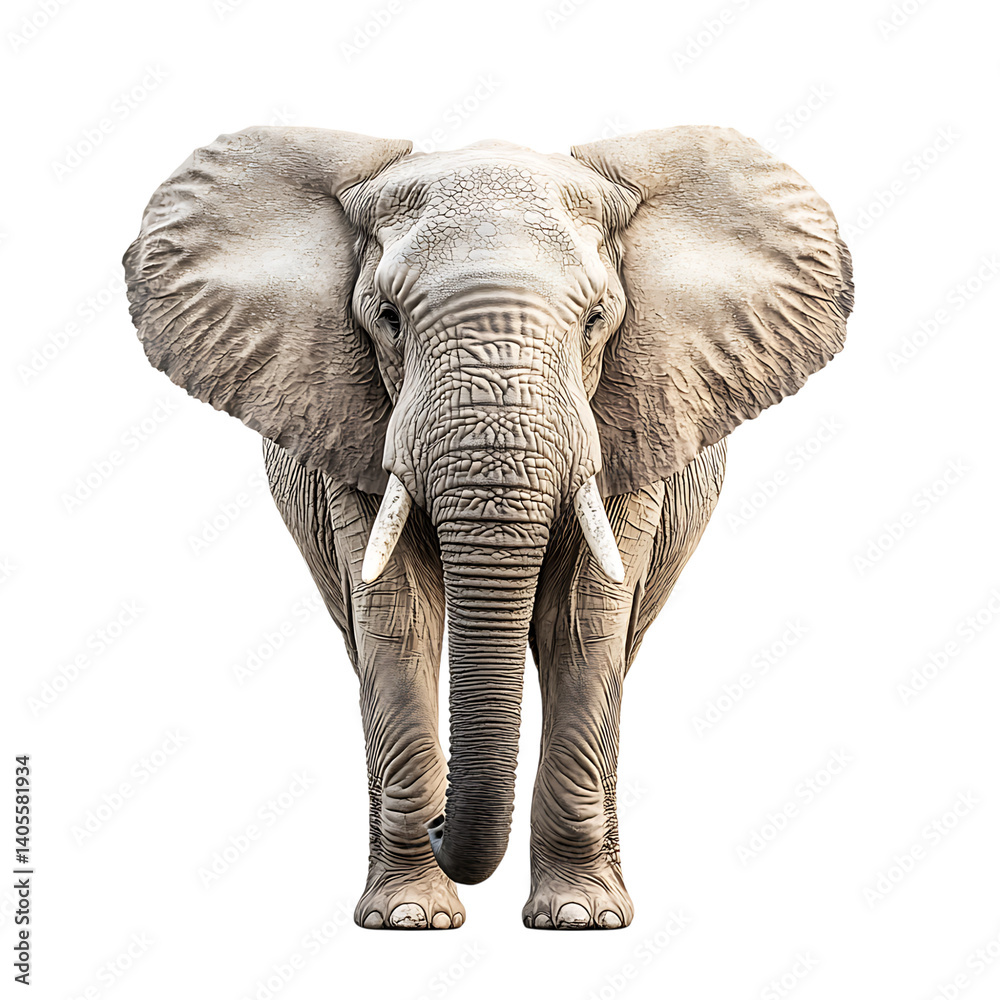 High-resolution image of a gray elephant facing forward with detailed wrinkled skin, large ears, and white tusks, standing on a transparent background