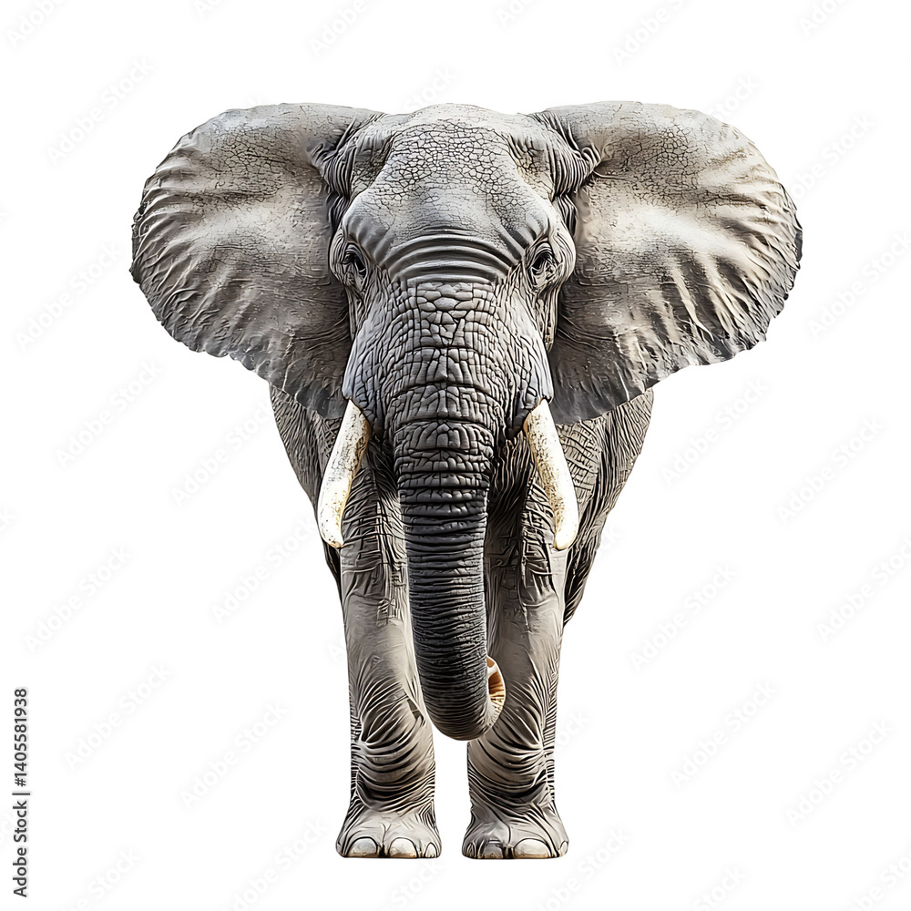 High-resolution image of a gray elephant facing forward with detailed wrinkled skin, large ears, and white tusks, standing on a transparent background