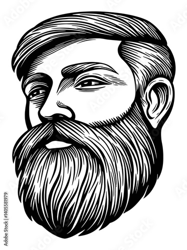 Artistic Engraving of a Bearded Man's Face in Black and White Style