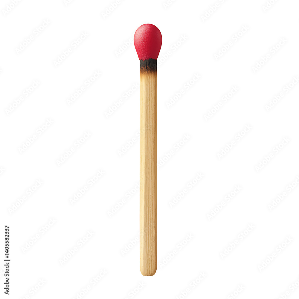Realistic close-up image of a single unused wooden matchstick with a red ignition head and slight charring on a transparent background