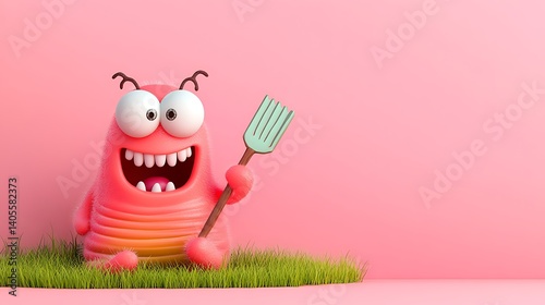 Playful Pink Cartoon Earthworm in Grass