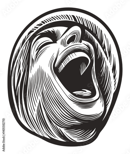 Engraving of Abstract Face with Open Mouth Emitting Loud Scream