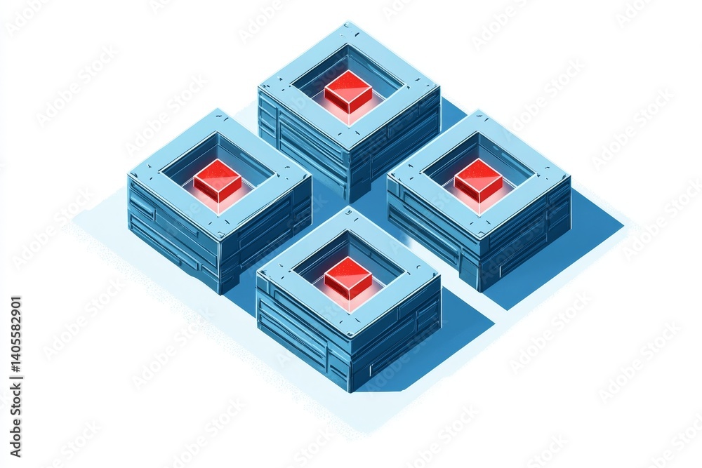 Obraz premium Four interconnected, stylized, square structures. Each contains a central, red cube