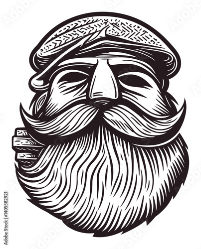 Vintage Engraved Face of a Mustached Man with Cap Art Design
