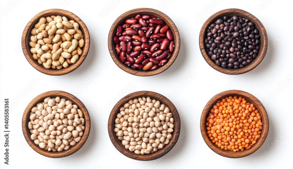 Varied Beans and Nuts in Wooden Bowls for Culinary Inspiration Varied Beans and Nuts in Wooden Bowls for Culinary Inspiration