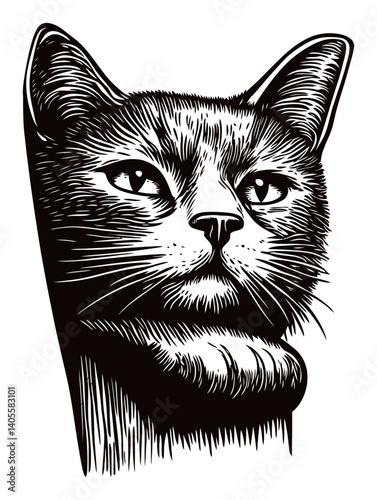 Black and White Engraving of a Cat with Detailed Facial Features