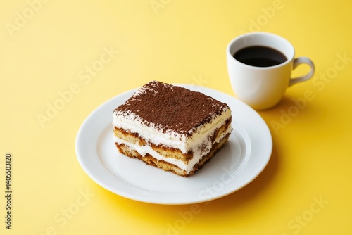 A delectable slice of tiramisu with a side of coffee. photo