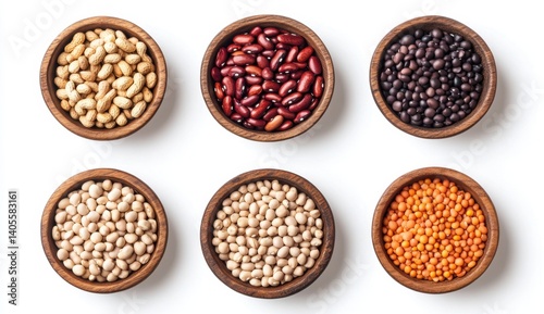 Varied Beans and Nuts in Wooden Bowls for Culinary Inspiration