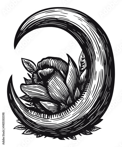 Intricate Black and White Engraving of a Rose and Crescent Shape