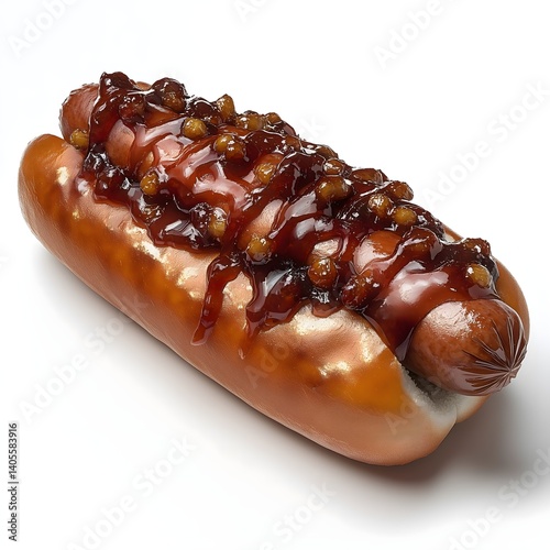 Delicious hotdog topped with savory sauce and diced onions on a clean white background