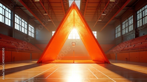 A basketball court with interplay of light and shadow