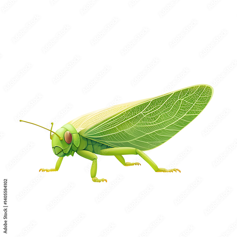 High-resolution image of a green leafhopper insect featuring prominent red eyes, leaf-like textured wings, and fine body detail on a transparent background