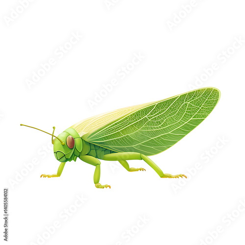 Obraz na płótnie High-resolution image of a green leafhopper insect featuring prominent red eyes, leaf-like textured wings, and fine body detail on a transparent background w salonie