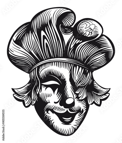 Traditional Engraving of a Jester's Face with Creative Details