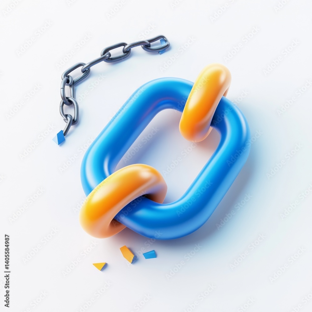 Broken chain link, a symbol of disruption and liberation. A vibrant blue and orange link, representing connection, is severed by a fragmented chain Broken chain link, a symbol of disruption and liberation. A vibrant blue and orange link, representing connection, is severed by a fragmented chain