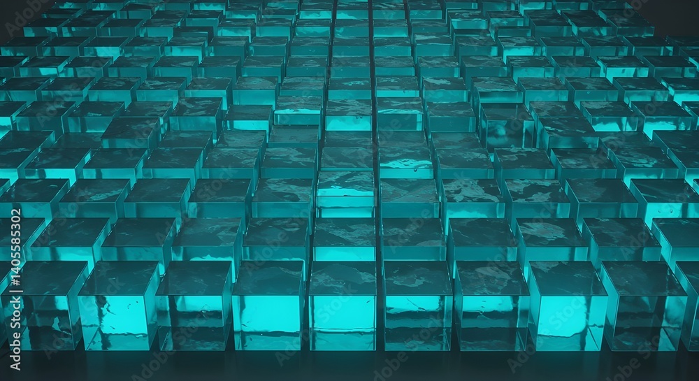 Naklejka premium Generative AI, Hi-tech 3D illustration, glowing glass cube pattern filling the frame, background image