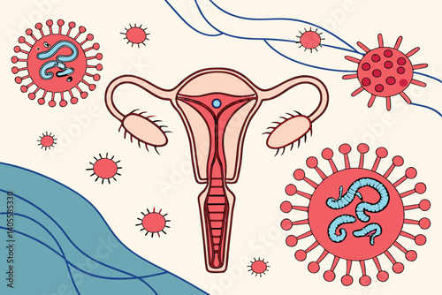 93 Female reproductive system anatomy, microbiome diversity, colorful bacteria and microorganisms, scientific illustration, detailed medical diagram, vibrant colors, surreal biological art, microscopi