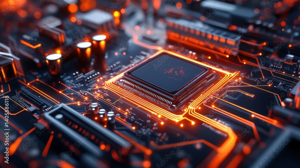 Obraz premium A cinematic close-up of a powerful workstation PC with internal components softly illuminated by dynamic LED lighting