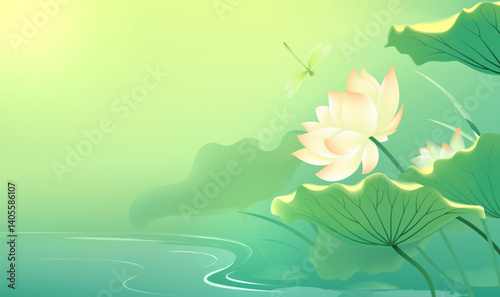 Chinese style horizontal illustration of dragonflies among lotus flowers