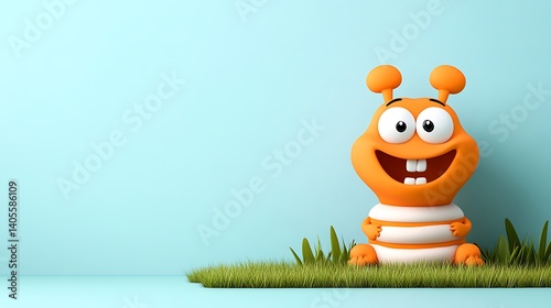 Smiling Orange Cartoon Worm on Green Grass Against a Blue Background