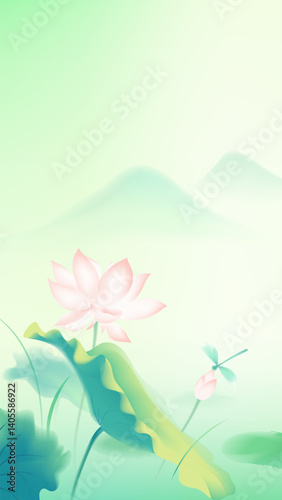 Chinese style vertical illustration dragonfly lotus and ink landscape
