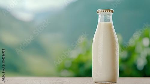 Pasteurized milk pure. A glass bottle of fresh milk stands on a wooden surface, with a blurred green background suggesting a natural, rustic setting.