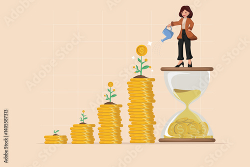 Woman Watering Money Plants Emerging from Stacks of Coins Beside an Hourglass Symbolizing Time and Investment.
