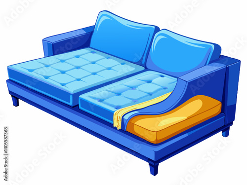 A high-quality vector illustration of a blue sofa bed partially unfolded into a mattress, isolated on a white background, dual-purpose and clean design