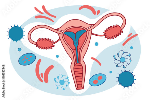 93 Female reproductive system anatomy, microbiome diversity, colorful bacteria and microorganisms, scientific illustration, detailed medical diagram, vibrant colors, surreal biological art, microscopi