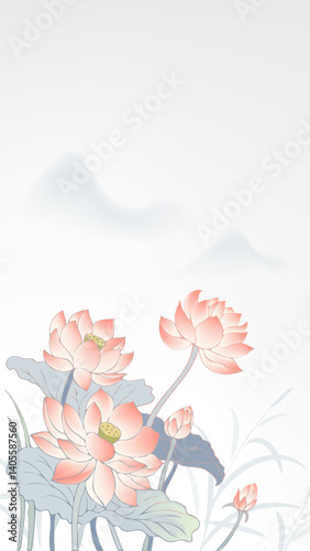 Chinese style vertical illustration light elegant color lotus and landscape