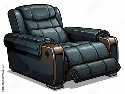 A high-quality vector illustration of a black recliner sofa with adjustable backrest and footrest, isolated on a white background, functional and padded