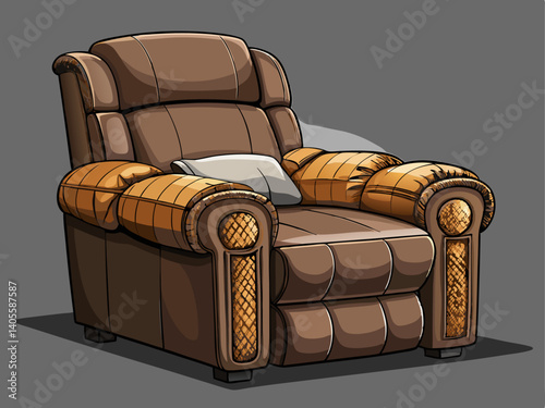 A professional vector of a brown leather recliner with plush cushions and side handle, placed on a deep gray background, relaxing and ergonomic design