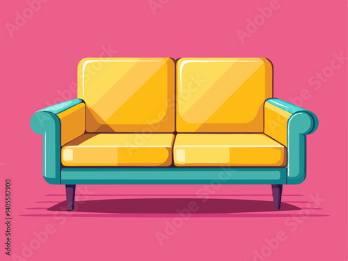 A professional vector of a yellow two-seater loveseat with modern design, placed on a pastel pink background, small and inviting design
