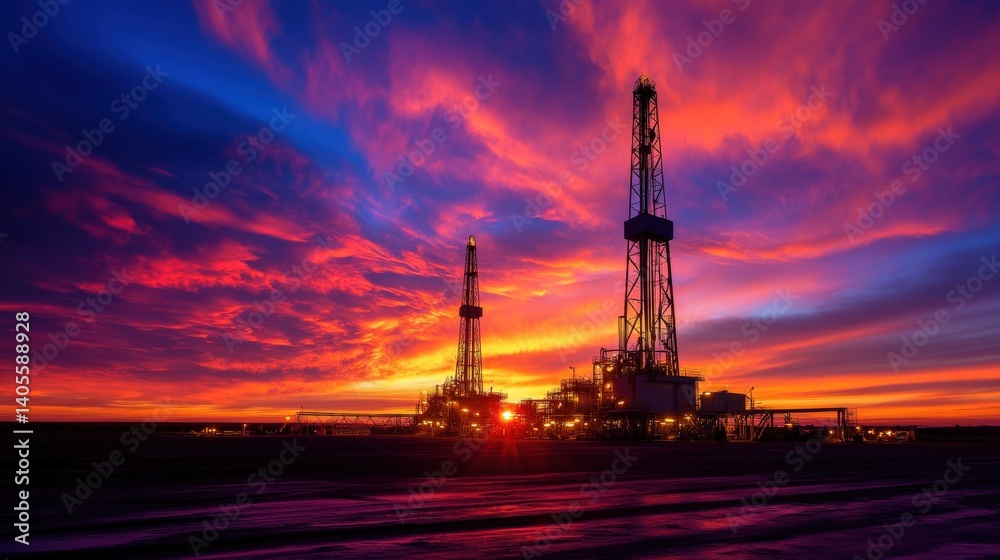 Obraz premium A clean and detailed industrial landscape featuring gas drilling towers and processing units, under a dramatic sunset sky, with copy space