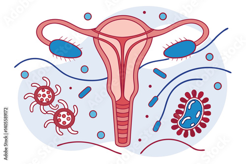93 Female reproductive system anatomy, microbiome diversity, colorful bacteria and microorganisms, scientific illustration, detailed medical diagram, vibrant colors, surreal biological art, microscopi