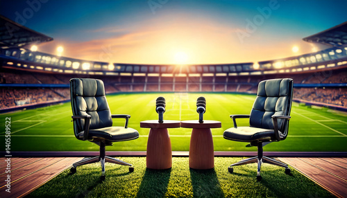 Sports podcast setup in football stadium with chairs and microphones  
