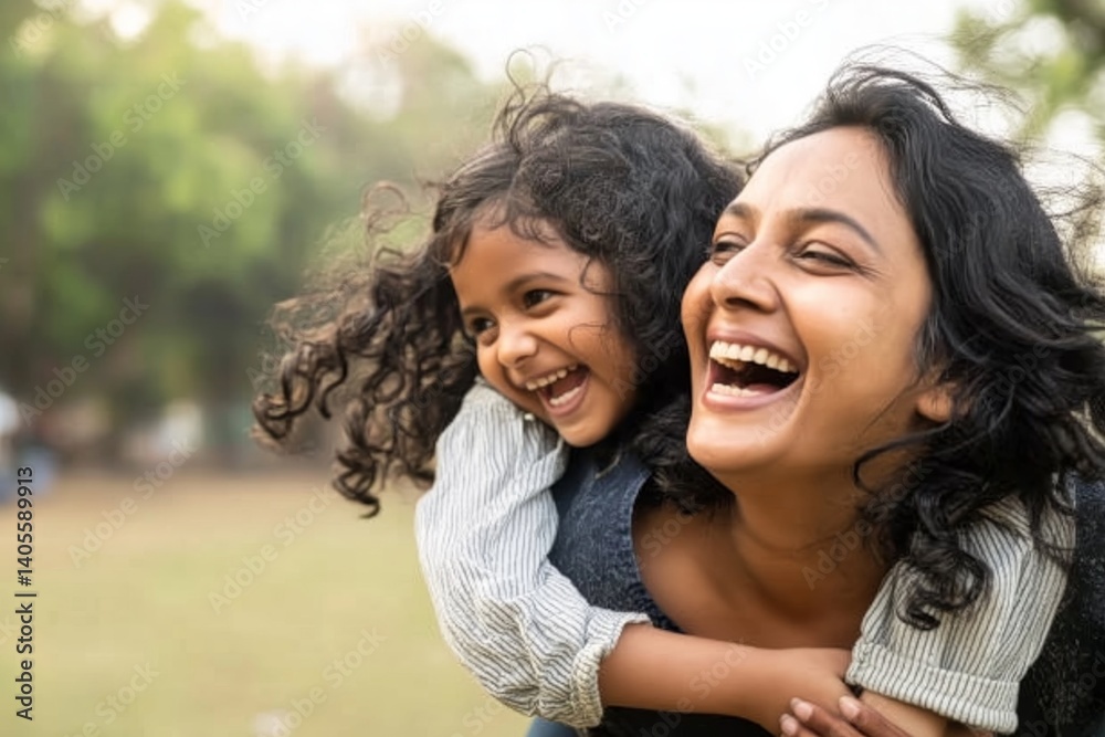 Happy indian mother having fun with her daughter outdoor - Family people and love concept - Focus on mum face Happy indian mother having fun with her daughter outdoor - Family people and love concept - Focus on mum face