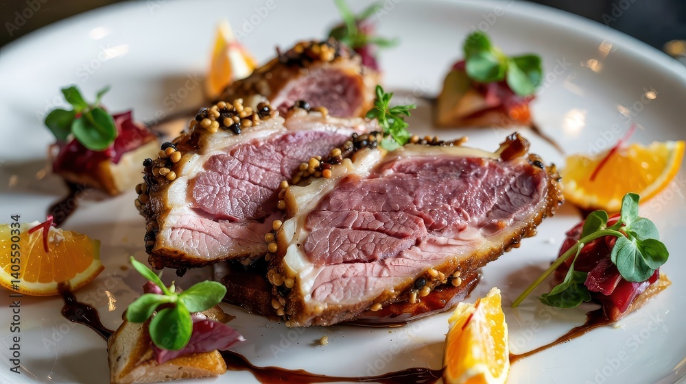 Smoked duck breast centerpiece on gourmet appetizer plate with herb-crusted exterior and pink center, accompanied by microgreens, orange segments and balsamic reduction on white porcelain dish Smoked duck breast centerpiece on gourmet appetizer plate with herb-crusted exterior and pink center, accompanied by microgreens, orange segments and balsamic reduction on white porcelain dish