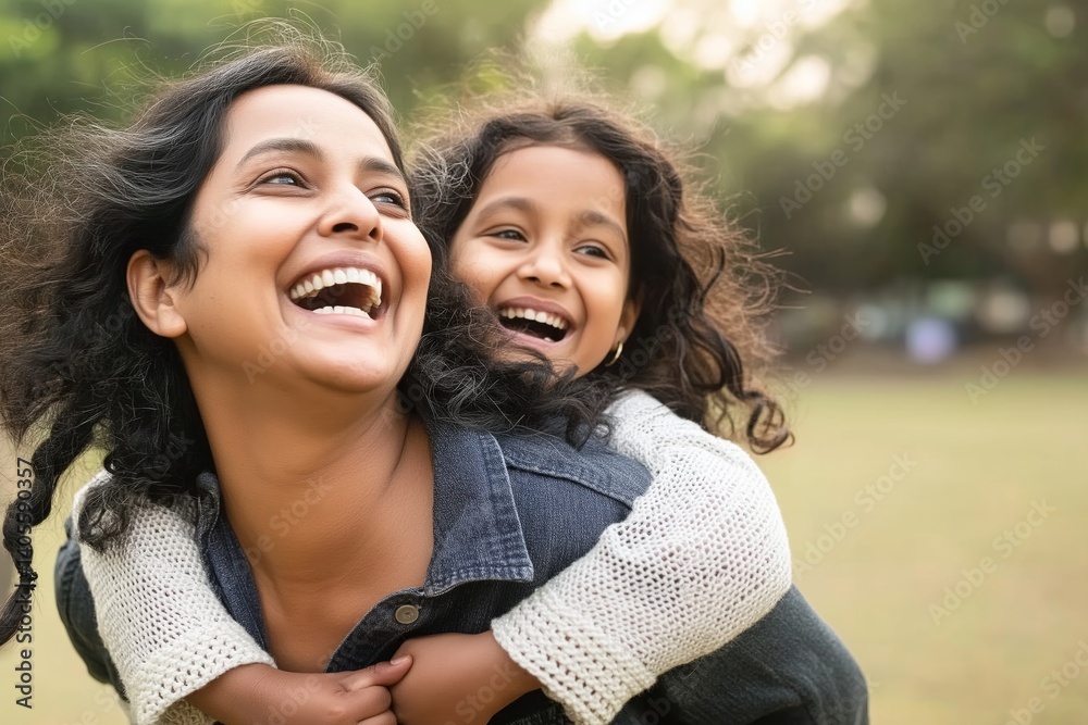 Happy indian mother having fun with her daughter outdoor - Family people and love concept - Focus on mum face Happy indian mother having fun with her daughter outdoor - Family people and love concept - Focus on mum face