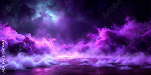 Ground purple fog background, 3d rendering. Smoke cloud scene neon light. Spooky dark magic haze. Panoramic view of the abstract fog isolated  on the black